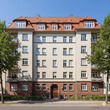 Mietverwaltung, WEG-Verwaltung, Hausverwaltung, ganzheitliche Betreuung Ihrer Immobilie Schorndorf Mehrstöckiges Wohngebäude mit rotem Satteldach und grünen Bäumen im Vordergrund.